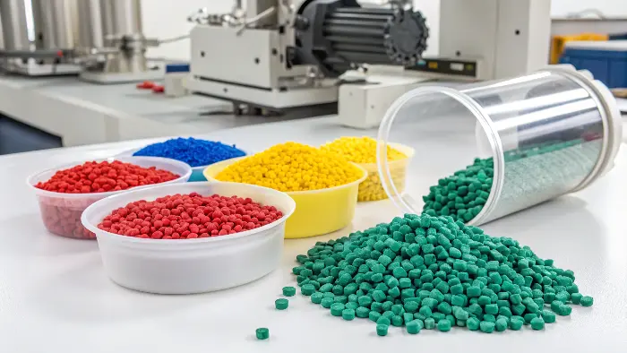 Examples of products made with color masterbatches: toys, car parts, packaging