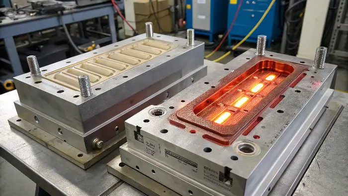 A diagram showing the material flow path in a hot runner versus a cold runner mold