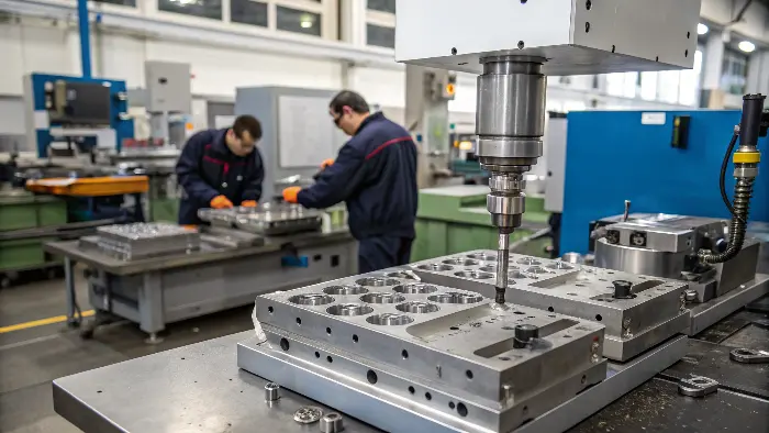 A close-up shot of a complex injection mold with multiple cavities and slides.