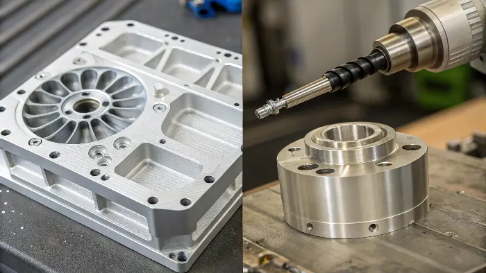 A split image showing a CNC machined aluminum part on one side and a PEEK injection molded gear on the other