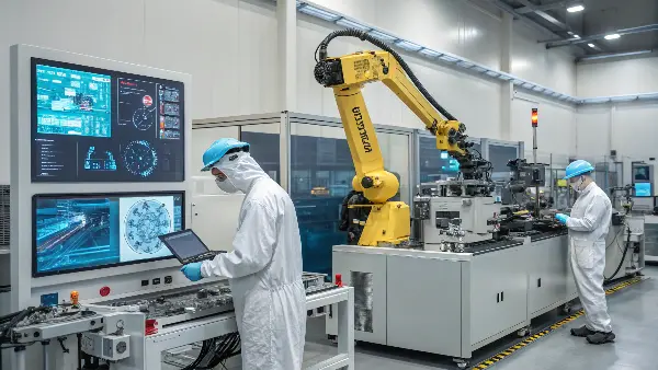 The Future of Precision Injection Molding A futuristic injection molding machine operating in a clean, modern factory setting