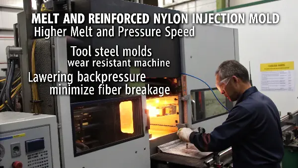 Glass-filled nylon pellets next to a finished part