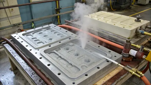 An illustration of a mold with conformal cooling channels close to the surface for variothermal control.