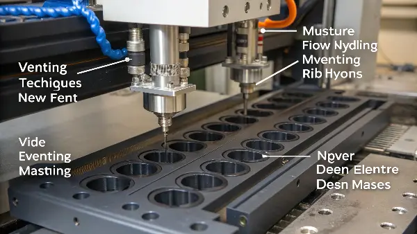 Close-up of a mold's parting line showing precisely machined vents