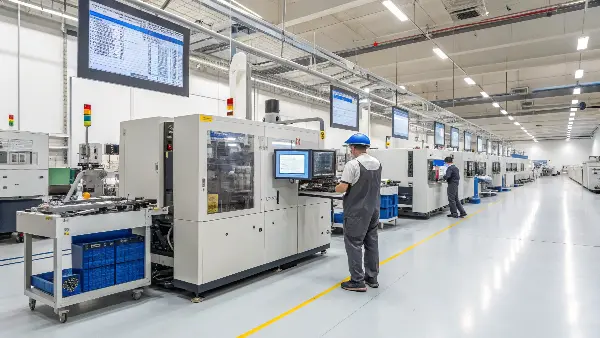 An engineer adjusting settings on an injection molding machine control panel.