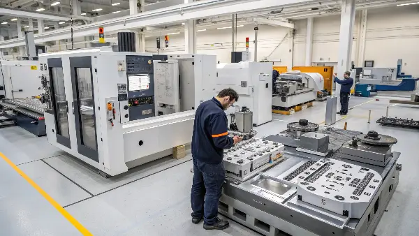 A close-up of a 5-axis CNC machine cutting a steel mold block