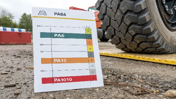 Four raw plastic pellets of PA6, PA66, PA12, and PA1010 in separate piles