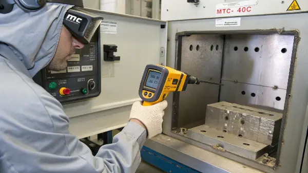 Engineer checking mold temperature with a pyrometer