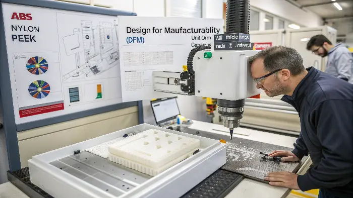 A close-up of a CNC machine cutting a block of white plastic, with chips flying off.