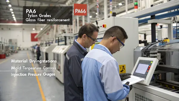 Nylon Injection Molding for Automotive Parts A close-up of a black nylon automotive engine cover being inspected for quality.