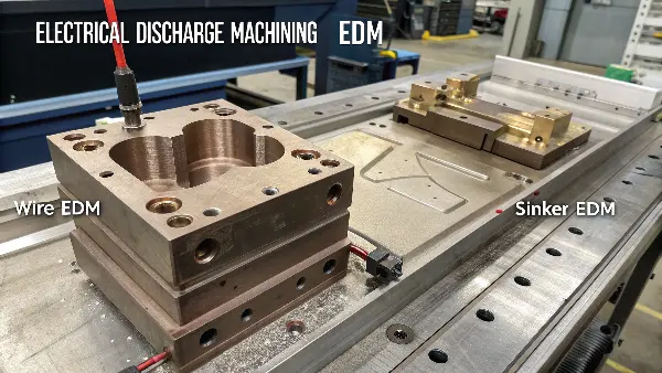 An EDM machine with a custom electrode submerged in dielectric fluid, creating a complex mold shape.