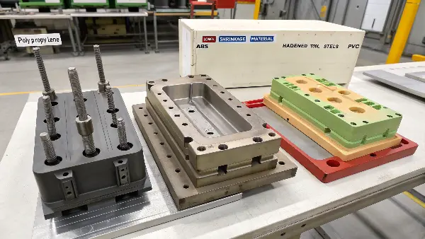 A display of different plastic pellets and the corresponding tool steel types.