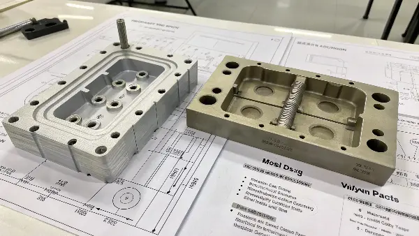 A complex injection mold with intricate cooling channels and gating systems.