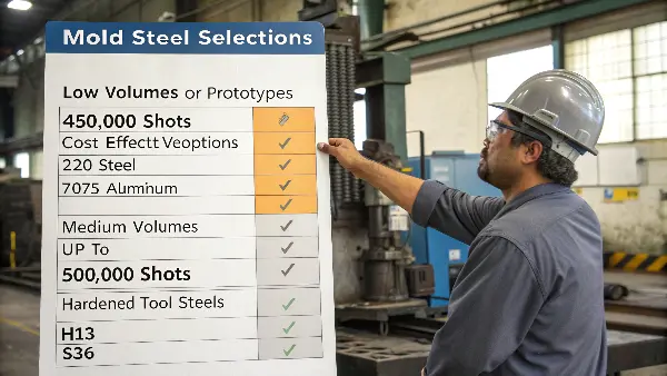 Mold Steel for Different Production Volumes Three molds side-by-side: one aluminum (prototype), one P20 (medium volume), one H13 (high volume).