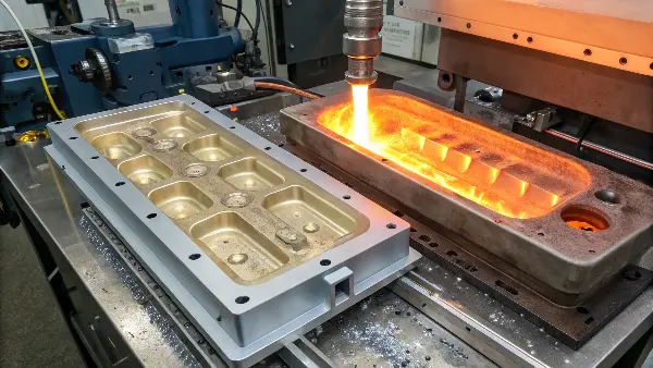 A high-gloss black plastic part produced with variothermal molding, showing no defects.