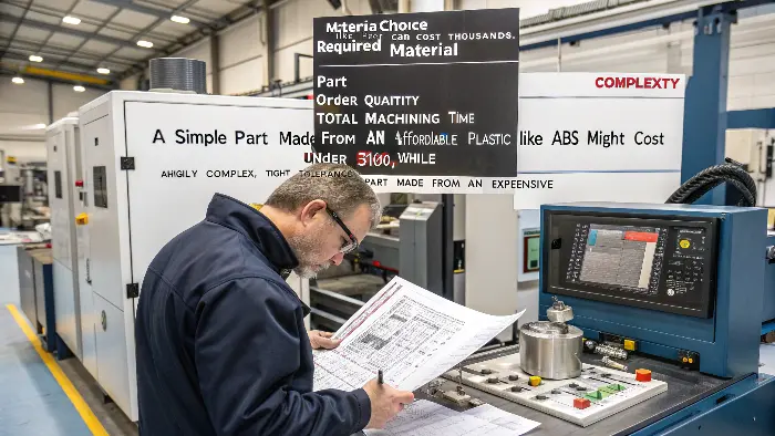 A project manager reviewing a CAD model on a computer screen next to a physical CNC machined part.