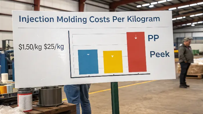 Comparing Raw Material Cost per Kg to Finished Part Cost A close-up of plastic resin pellets next to a finished molded part on a scale