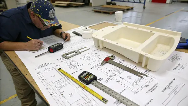 Project manager reviewing blueprints to decide wall thickness