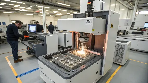 A cutaway view of a mold insert made with DMLS, showing the complex conformal cooling channels inside.