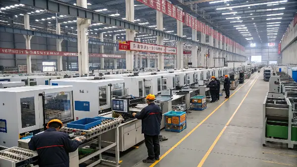 A bustling, modern manufacturing facility in China with rows of injection molding machines.