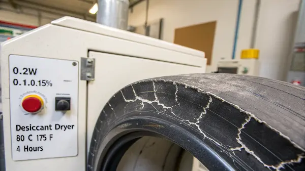 A desiccant dryer connected to an injection molding machine, with nylon pellets visible.