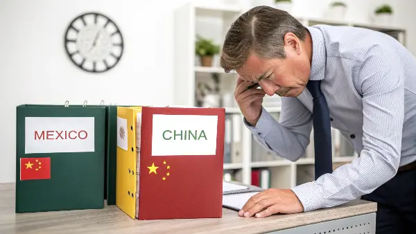 A split image showing a shipping container being loaded in China and a truck crossing the US-Mexico border.