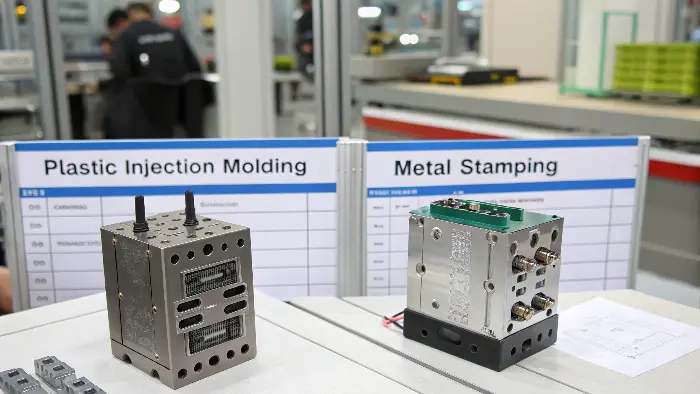 Plastic Injection Molded and Metal Stamped Connector Components A close-up of a complex electronic connector showing plastic housing and metal pins