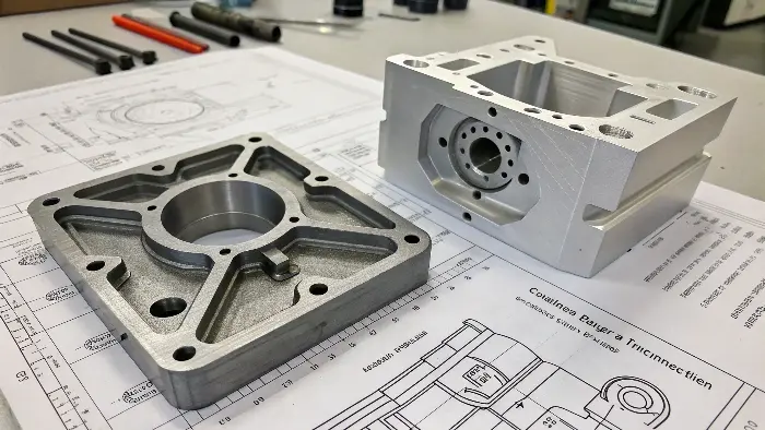 A complex CNC-machined part next to a well-designed injection-molded part