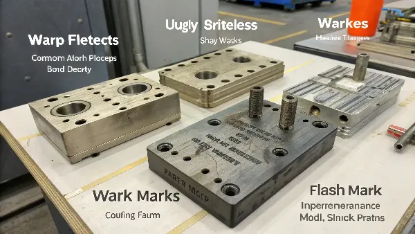 Examples of common injection molding defects like sink marks and warpage