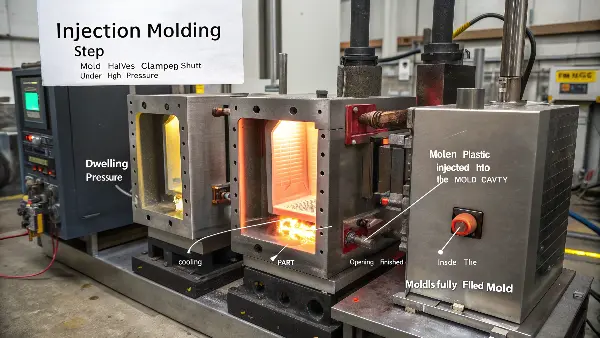 A diagram showing the five stages of the injection molding cycle