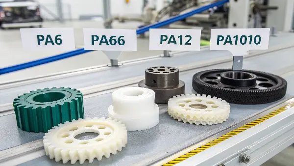 A collection of products: a car engine cover (PA6), a small gear (PA66), flexible tubing (PA12), and sunglass frames (PA1010)