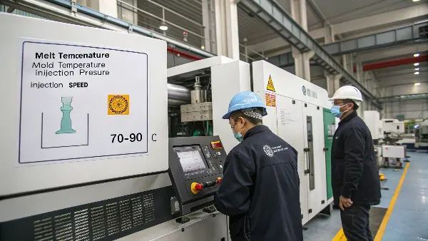 A close-up of an injection molding machine's control panel displaying process parameters.