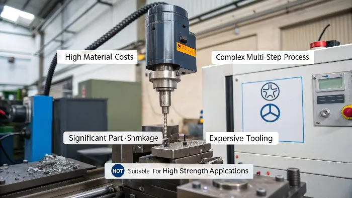 The Metal Injection Molding (MIM) Process A diagram showing the multi-stage MIM process: mixing, molding, de-binding, sintering