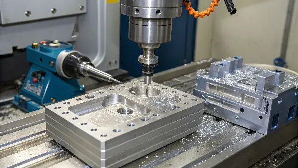 A 5-axis CNC machine carving a complex mold cavity from a block of steel.