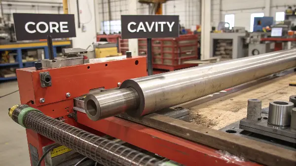 Core vs Cavity Steel Requirements Split view showing a polished mold cavity on one side and a complex mold core on the other.