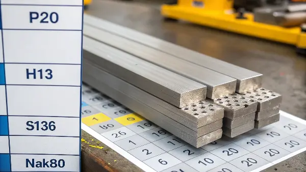 Common Types of Mold Steel An array of labeled steel blocks (P20, H13, S136, NAK80) on a workbench.