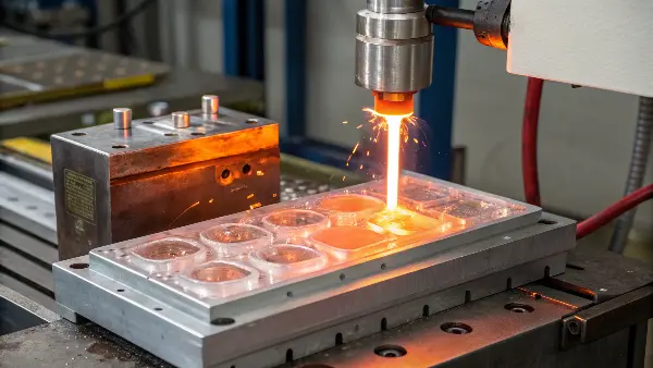 A diagram showing the temperature cycle of variothermal molding: heat up, inject, hold, cool down.