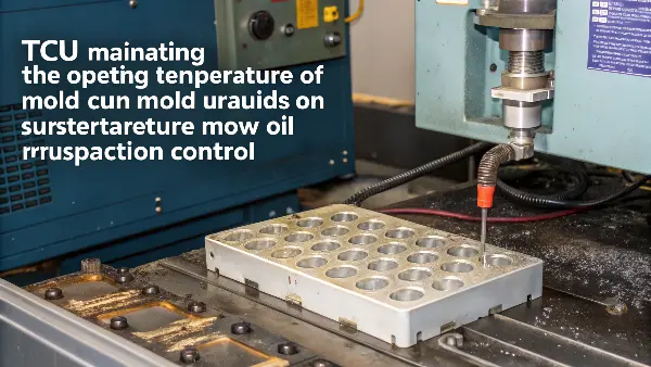 A mold temperature control unit (TCU) with hoses connected to an injection mold.