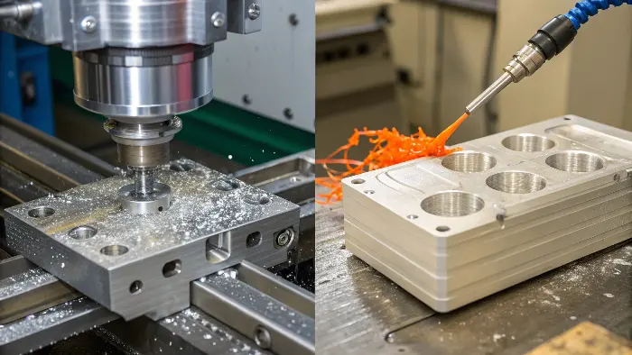A CNC mill cutting a block of aluminum next to an injection molding machine ejecting a plastic part