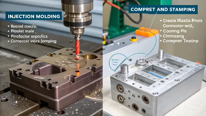 Injection Mold versus Metal Stamping Die Side-by-side comparison of a plastic injection mold and a metal stamping die