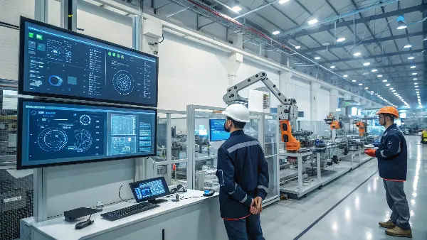 The Smart Factory of the Future An illustration of a smart factory with interconnected machines and data flows