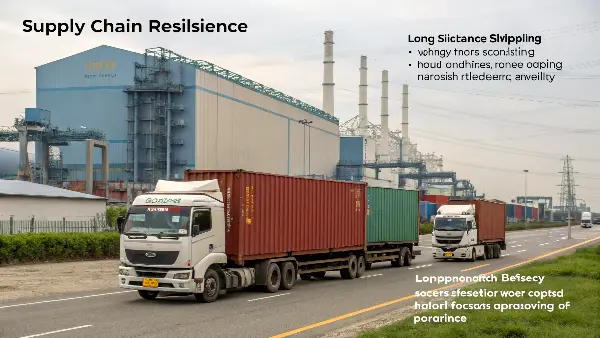 A streamlined supply chain with trucks and trains moving goods quickly