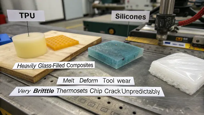 A CNC cutting tool covered in a sticky, melted plastic residue.