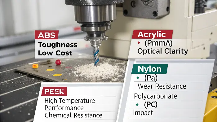 An assortment of CNC machined plastic parts in different colors and shapes, laid out on a table.