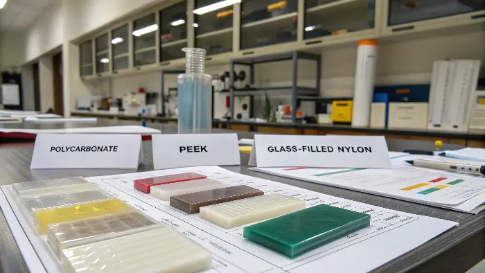 A project manager looking at material datasheets to compare plastics