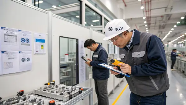 An inspector using a CMM machine to measure a finished plastic part