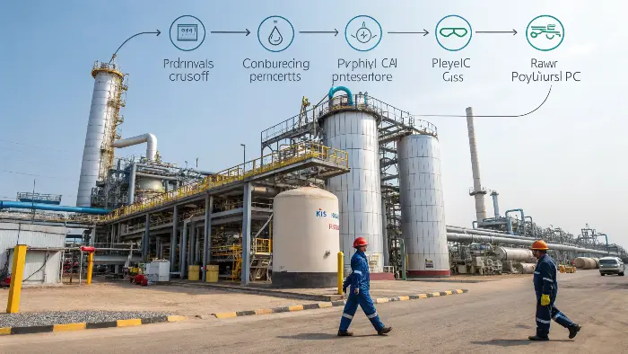 A chemical plant with pipes and reactors, representing the production of polymers