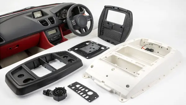 A collection of products ideal for variothermal molding: a car's glossy center console, a laptop lid, and a medical diagnostic device.