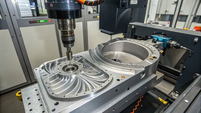 A 5-axis CNC machine head rotating to machine a complex turbine blade