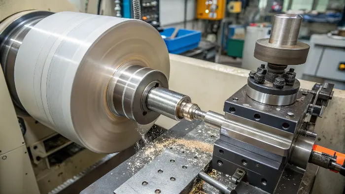A close-up of a CNC lathe turning a metal rod into a precision automotive shaft